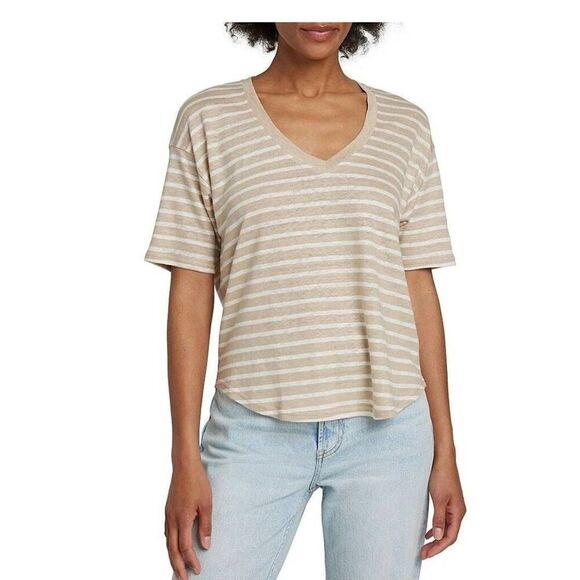 Fahery Oceanside Linen V Neck Stripe Short Sleeve Tee Size Small - Picture 1 of 7